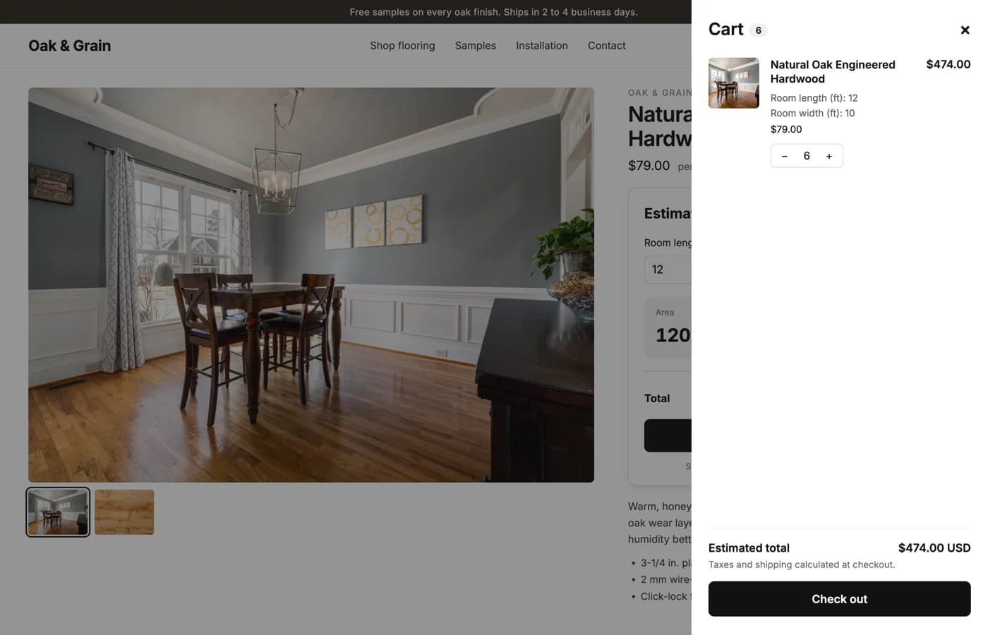 A Shopify cart with seven boxes of flooring and the room measurements on the line