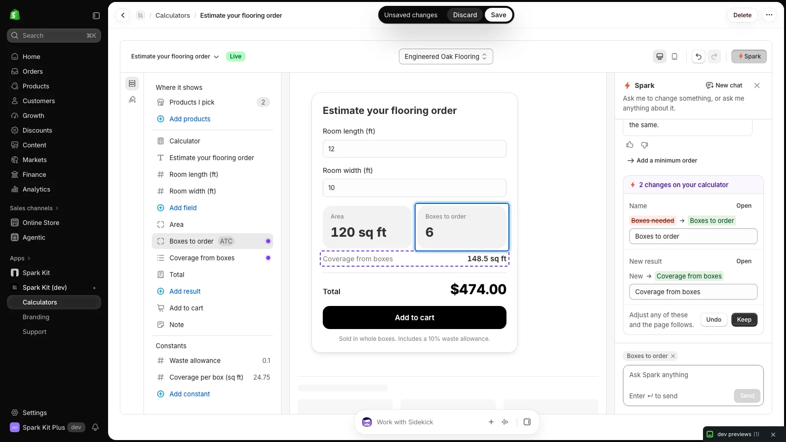 The Spark Kit editor in the Shopify admin: the fields on the left, a live preview of the paint calculator on the right