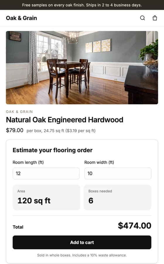 The calculator on a tile product page on a phone