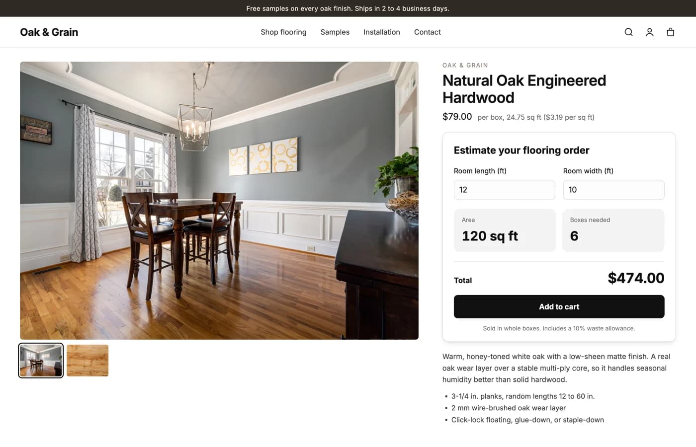 An engineered oak flooring product page with a calculator that turns 12 by 10 feet into 7 boxes and a total